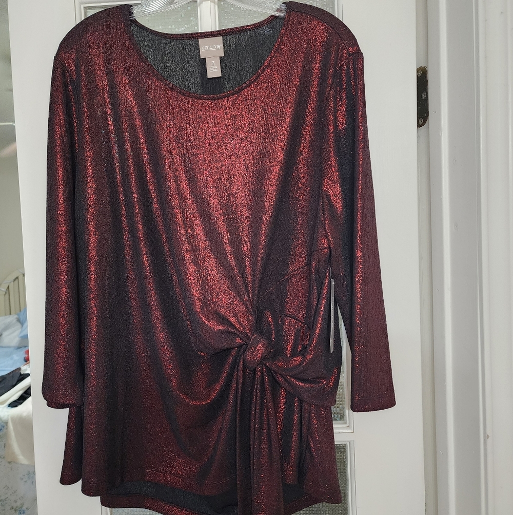 Chico's Shimmering Red Blouse with Knot Detail